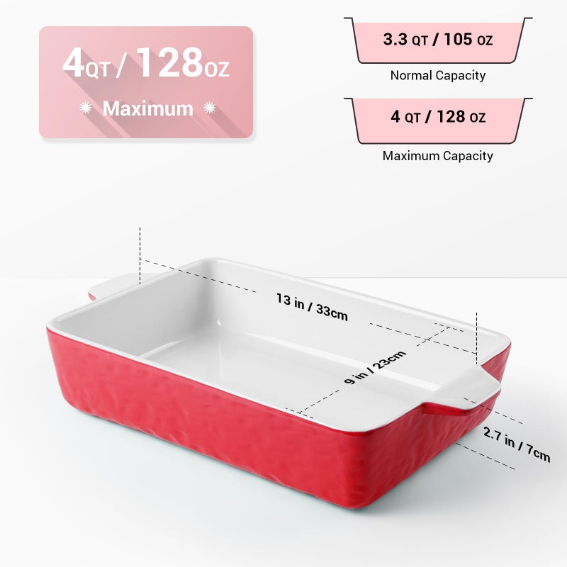 Krokori 4 QT Baking Dish, Casserole Dishes for Oven, 9x13 Baking Pan with Handles, Lasagna Pan Deep, Ceramic Casserole Dish Oven Safe for Baking, Lasagna, Kitchen, Wedding Gift (Red) - Image 2